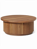 "Moderne ronde salontafel met gepanelleerde afwerking in hout"
