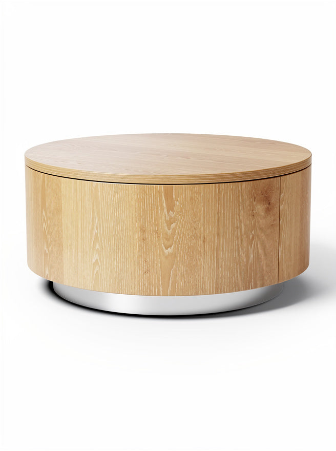 Technische Titel: "Modern ronde salontafel van hout met metalen basis"